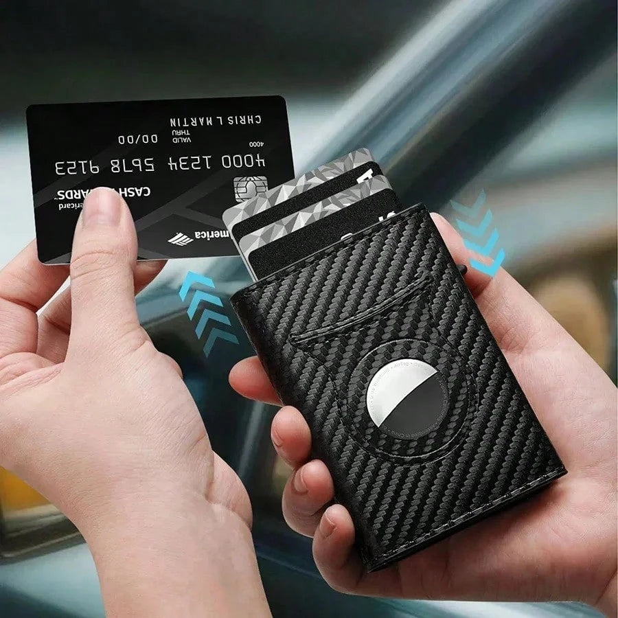 Customized Name Men's Carbon Fiber Magnetic Card Holder Leather RFID Tri-Fold Card Wallet With Zipper Smart Wallet AirTag Men's Wallet Mini Wallet Leather Wallet