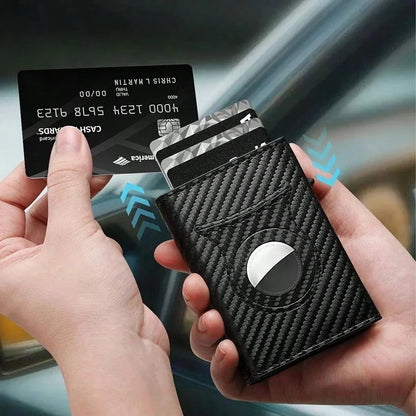 Customized Name Men's Carbon Fiber Magnetic Card Holder Leather RFID Tri-Fold Card Wallet With Zipper Smart Wallet AirTag Men's Wallet Mini Wallet Leather Wallet