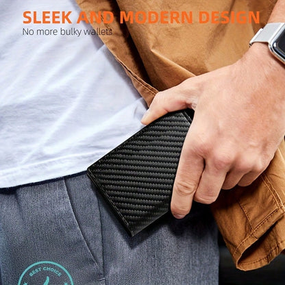 Customized Name Men's Carbon Fiber Magnetic Card Holder Leather RFID Tri-Fold Card Wallet With Zipper Smart Wallet AirTag Men's Wallet Mini Wallet Leather Wallet