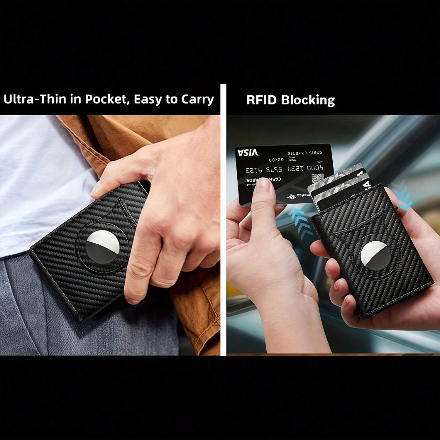 Customized Name Men's Carbon Fiber Magnetic Card Holder Leather RFID Tri-Fold Card Wallet With Zipper Smart Wallet AirTag Men's Wallet Mini Wallet Leather Wallet