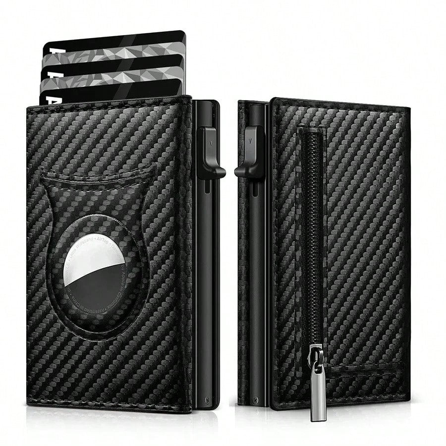 Customized Name Men's Carbon Fiber Magnetic Card Holder Leather RFID Tri-Fold Card Wallet With Zipper Smart Wallet AirTag Men's Wallet Mini Wallet Leather Wallet
