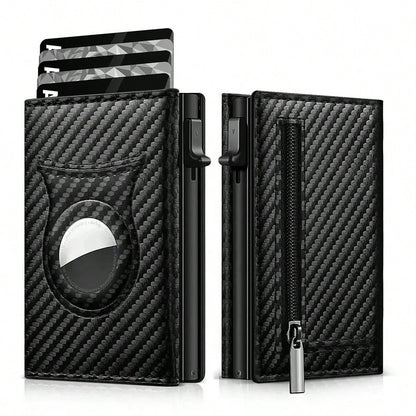 Customized Name Men's Carbon Fiber Magnetic Card Holder Leather RFID Tri-Fold Card Wallet With Zipper Smart Wallet AirTag Men's Wallet Mini Wallet Leather Wallet