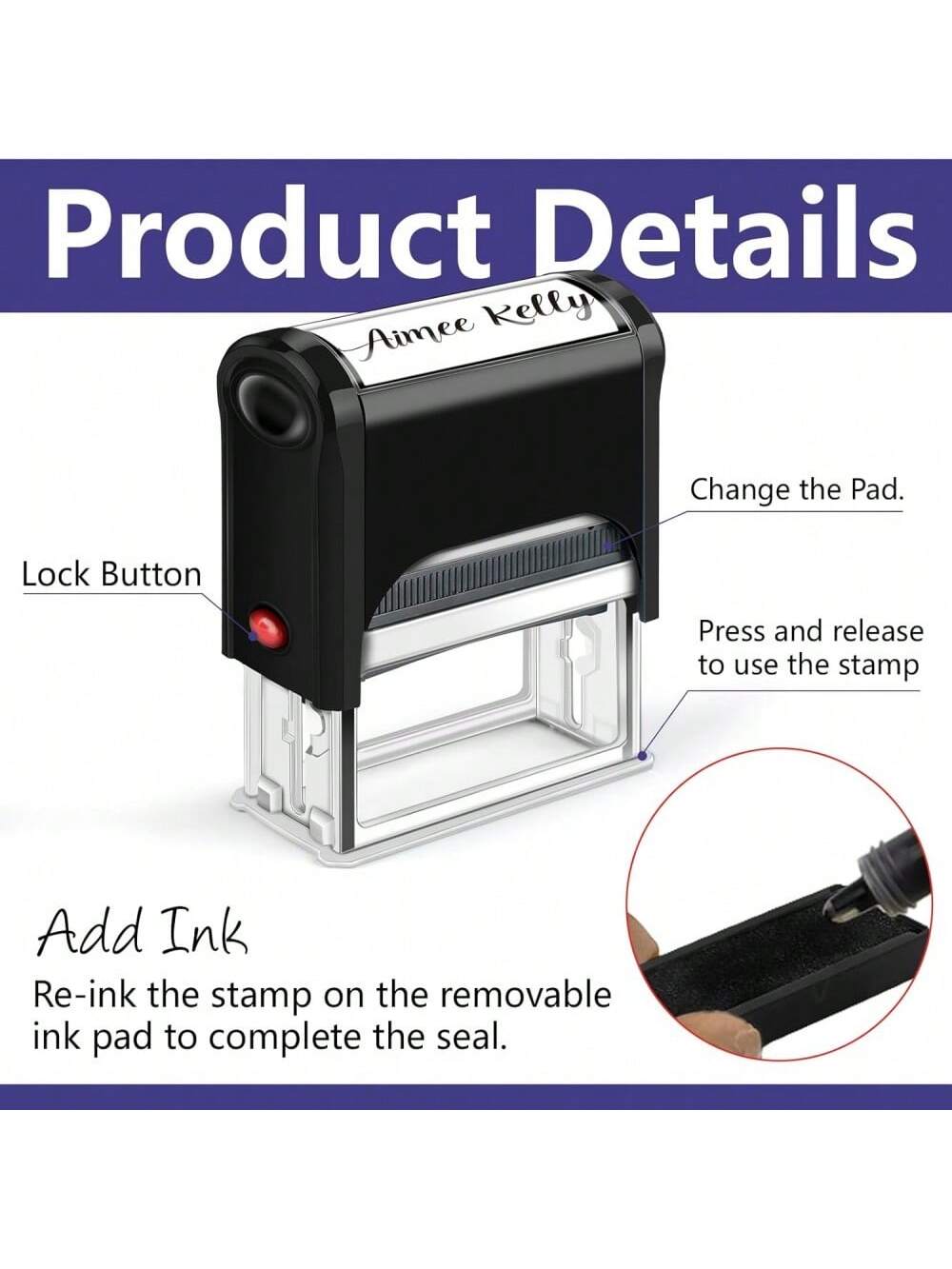 Customized Signature Stamp| Personalized Name Stamp With Ink| Suitable For Documents, Checks And Other Paperwork, Essential For Back To School. Multi-Functional, Compact, Sealable, Reusable, No Iron