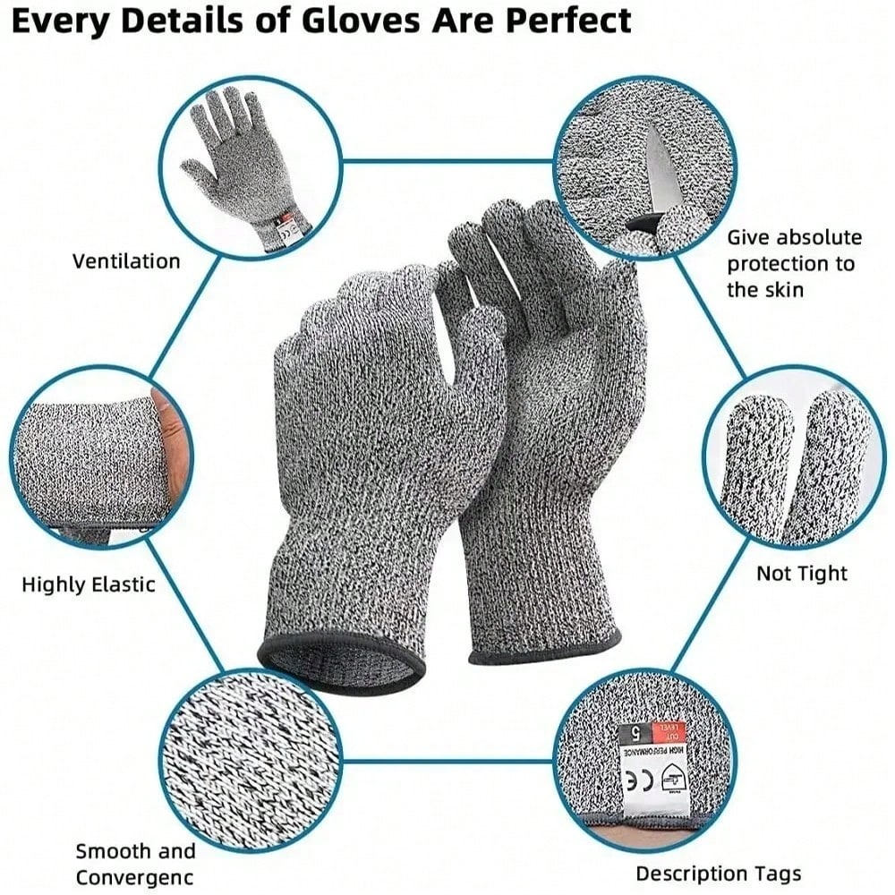 Cut-Resistant Gloves Level 5- HPPE Anti-Scratch For Kitchen, Glass Cutting, Gardening & Work