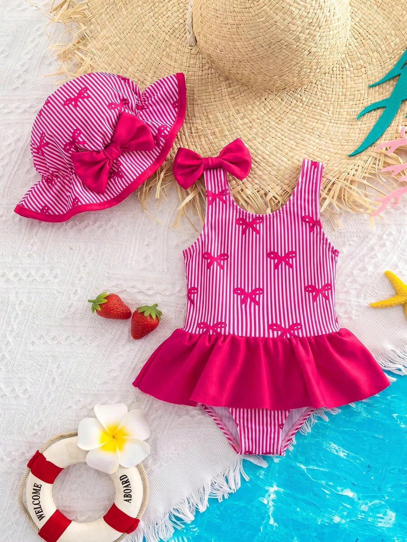 Cute Baby Girl Patterned Tank Top Swimsuit With Hat,Holiday Simple Casual Adorable Infant Swimwear,Perfect For Outings,Vacations,Spring/Summer Outfits