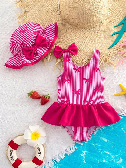 Cute Baby Girl Patterned Tank Top Swimsuit With Hat,Holiday Simple Casual Adorable Infant Swimwear,Perfect For Outings,Vacations,Spring/Summer Outfits