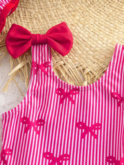 Cute Baby Girl Patterned Tank Top Swimsuit With Hat,Holiday Simple Casual Adorable Infant Swimwear,Perfect For Outings,Vacations,Spring/Summer Outfits