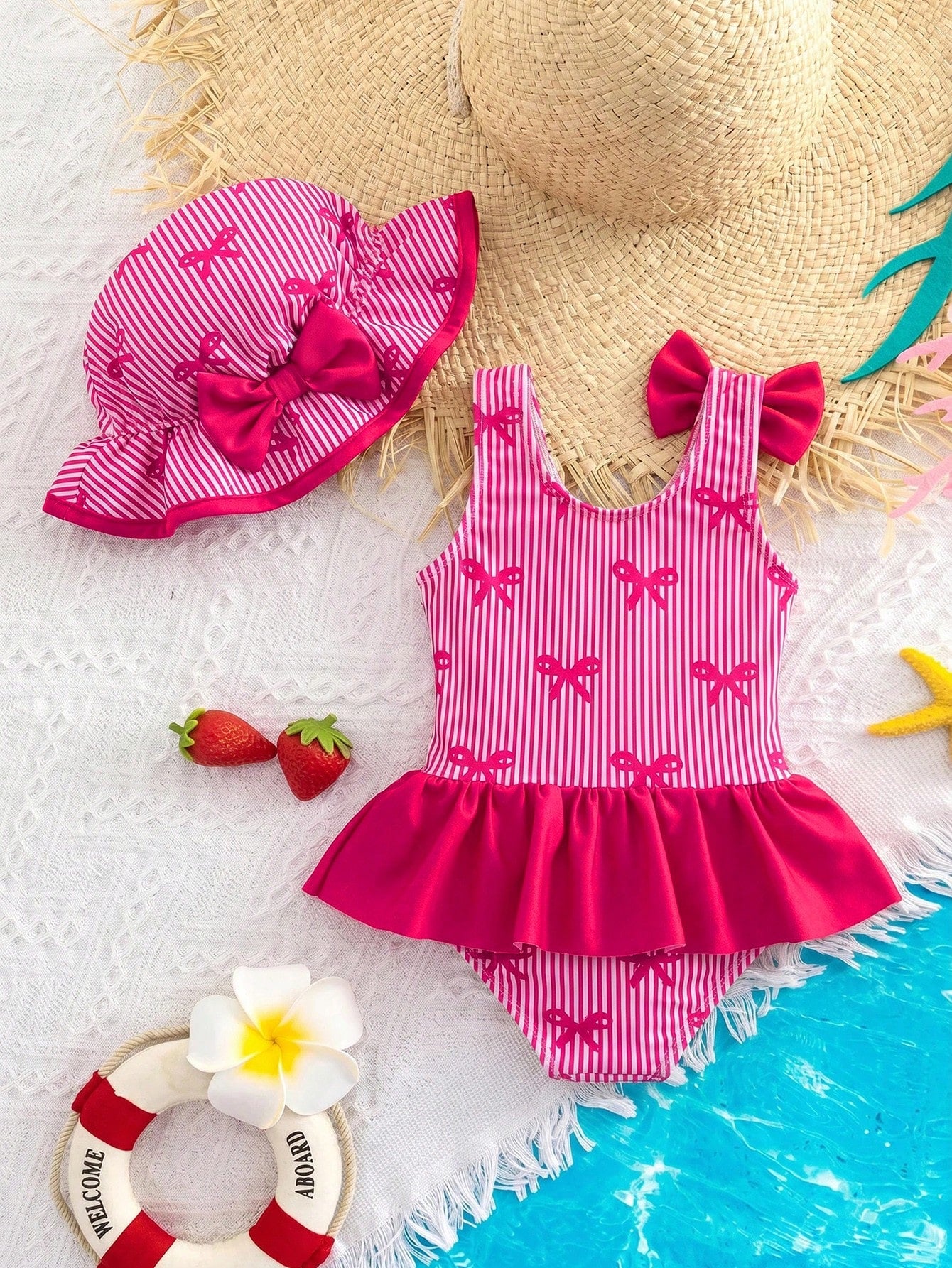 Cute Baby Girl Patterned Tank Top Swimsuit With Hat,Holiday Simple Casual Adorable Infant Swimwear,Perfect For Outings,Vacations,Spring/Summer Outfits