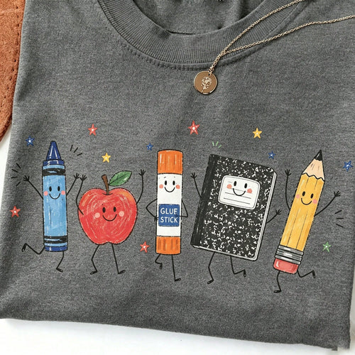 Cute Cartoon School Supplies Graphic Tee Preppy Teacher Student T-Shirt Kindergarten Back To School Top Smiling Apple Crayon Pencil Graphic Clothes