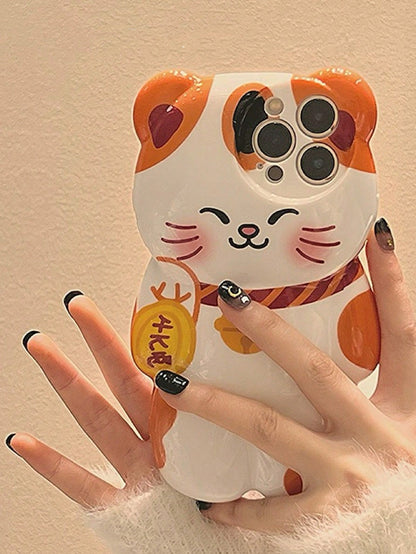 Cute Cat Elements Novelty Shockproof Lucky Cat Shaped Animal Kitten Cartoon Phone Case Compatible With Iphone Style Waterproof Anti-Fall Scratch Resistant Spring Birthday Gift