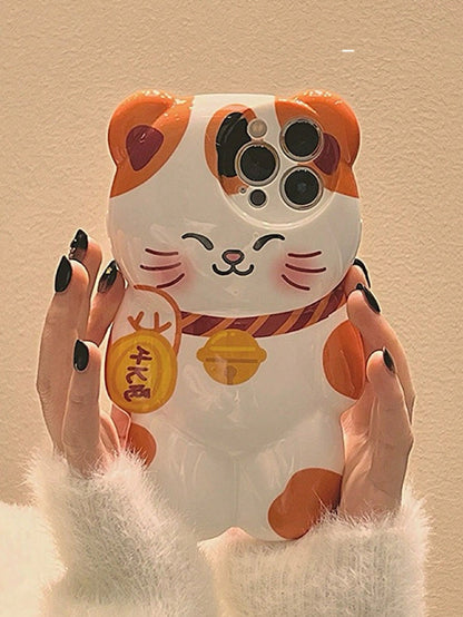 Cute Cat Elements Novelty Shockproof Lucky Cat Shaped Animal Kitten Cartoon Phone Case Compatible With Iphone Style Waterproof Anti-Fall Scratch Resistant Spring Birthday Gift