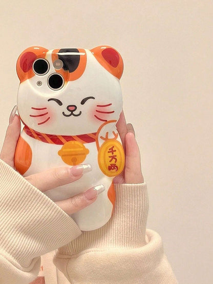 Cute Cat Elements Novelty Shockproof Lucky Cat Shaped Animal Kitten Cartoon Phone Case Compatible With Iphone Style Waterproof Anti-Fall Scratch Resistant Spring Birthday Gift
