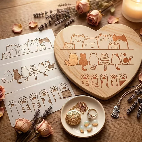 Cute Cat Pattern Graffiti Stencil, Suitable For Canvas, Walls, Furniture And Fabric. Reusable Cat Pattern Decorative Painting Tool, 3pcs Pet Theme Border Stencil, Perfect For Home Decor, Painting