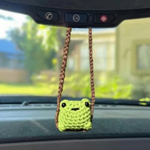 Cute Crochet Frog Car Decor, Rear View Mirror Accessories, Boho Hanging Charm Positive Animals Decoration, Hand-Made Kitchen Office Ornament, Funny Interior Aesthetic Pendant For Women Men
