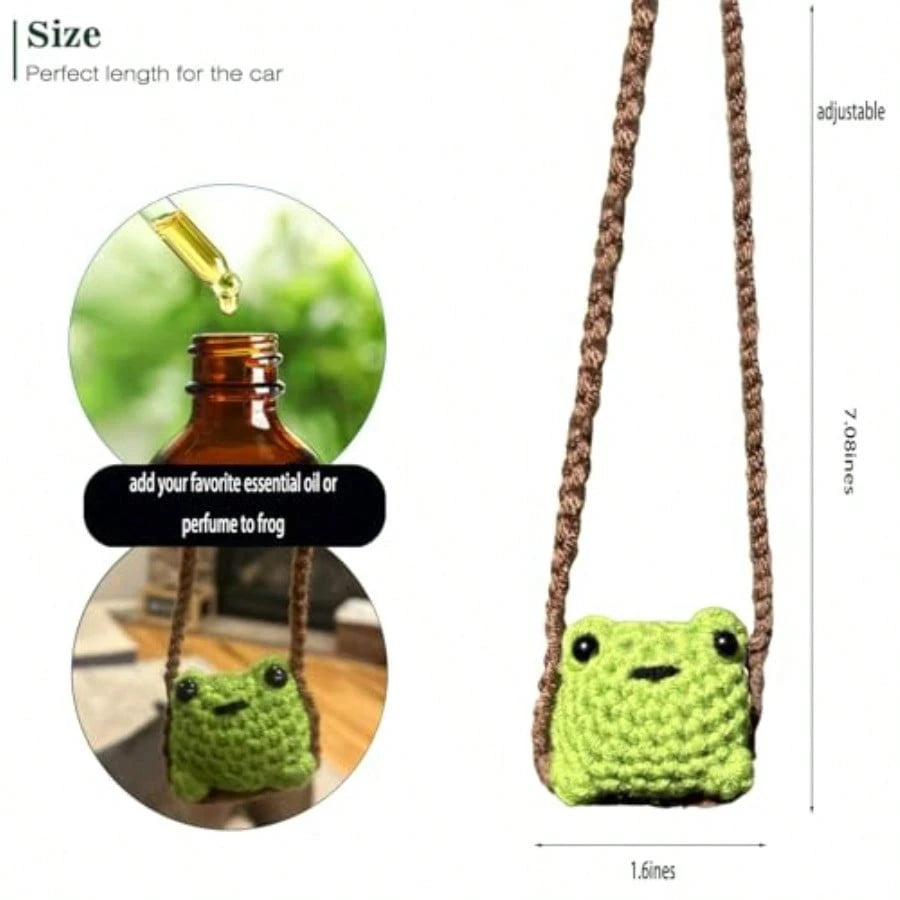 Cute Crochet Frog Car Decor, Rear View Mirror Accessories, Boho Hanging Charm Positive Animals Decoration, Hand-Made Kitchen Office Ornament, Funny Interior Aesthetic Pendant For Women Men
