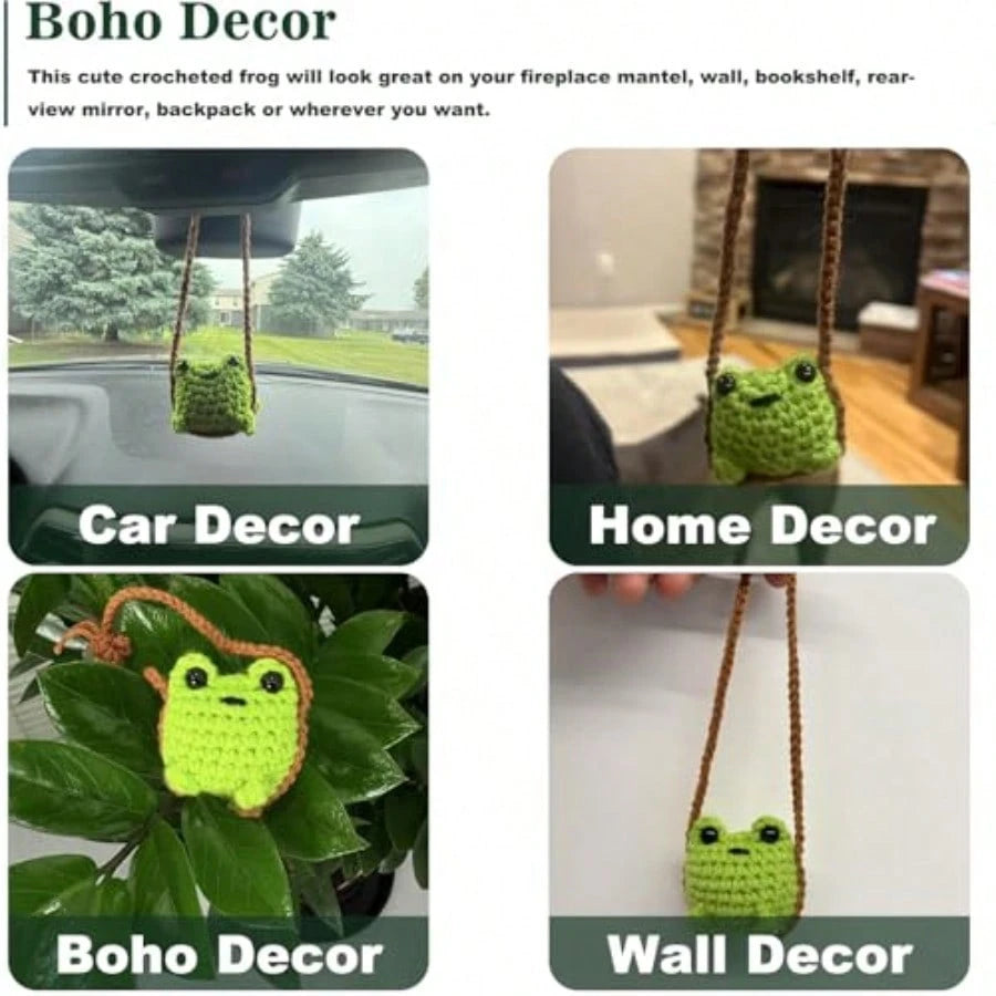 Cute Crochet Frog Car Decor, Rear View Mirror Accessories, Boho Hanging Charm Positive Animals Decoration, Hand-Made Kitchen Office Ornament, Funny Interior Aesthetic Pendant For Women Men