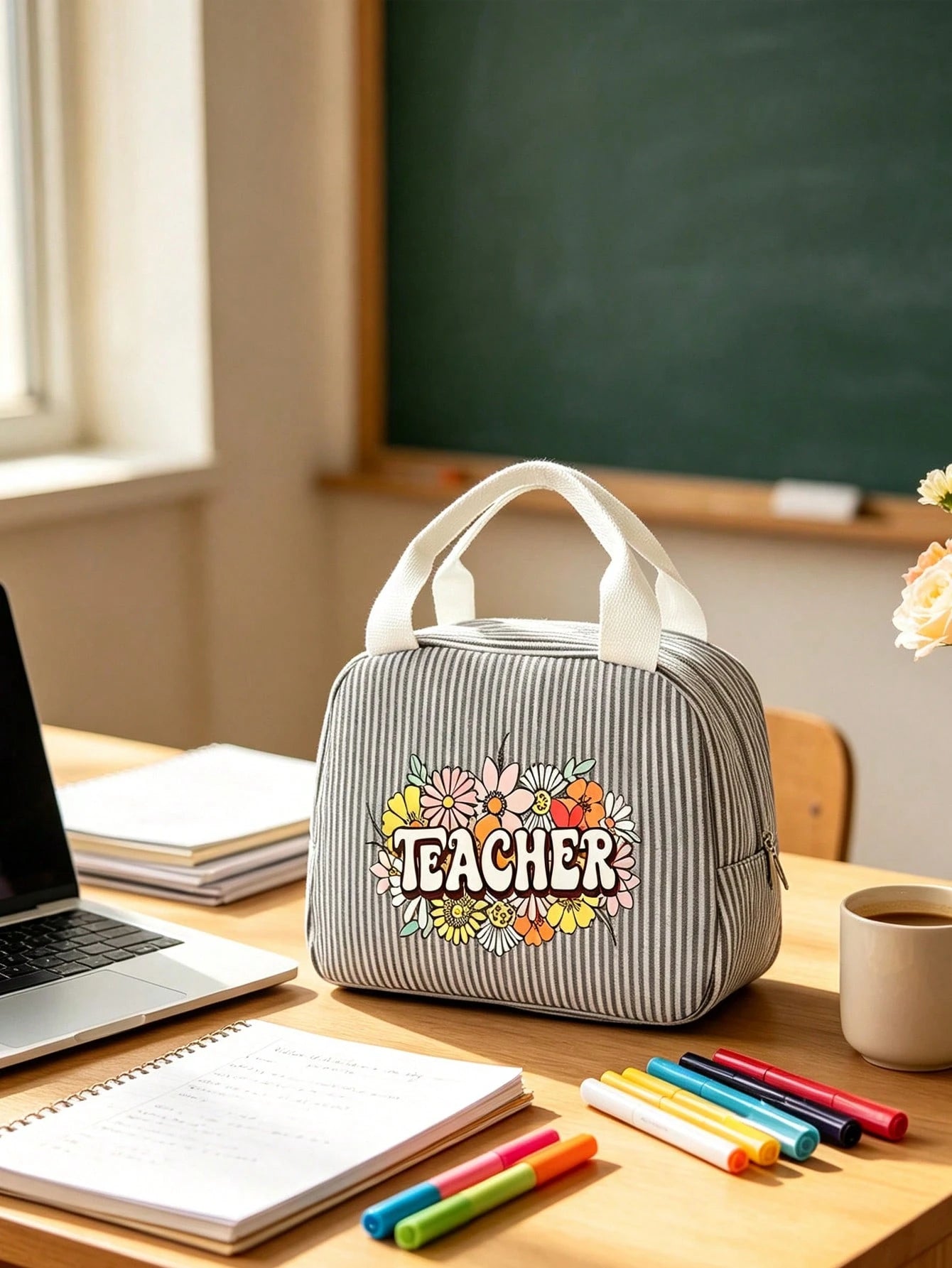 Cute Daisy Teacher Lunch Box Bag, Striped Portable Lunch Bag, Reusable Insulated Lunch Box, Large Capacity Insulated & Cool Bag, Includes Black Utensil Storage Bag, Suitable For Work, Travel, Gift Or