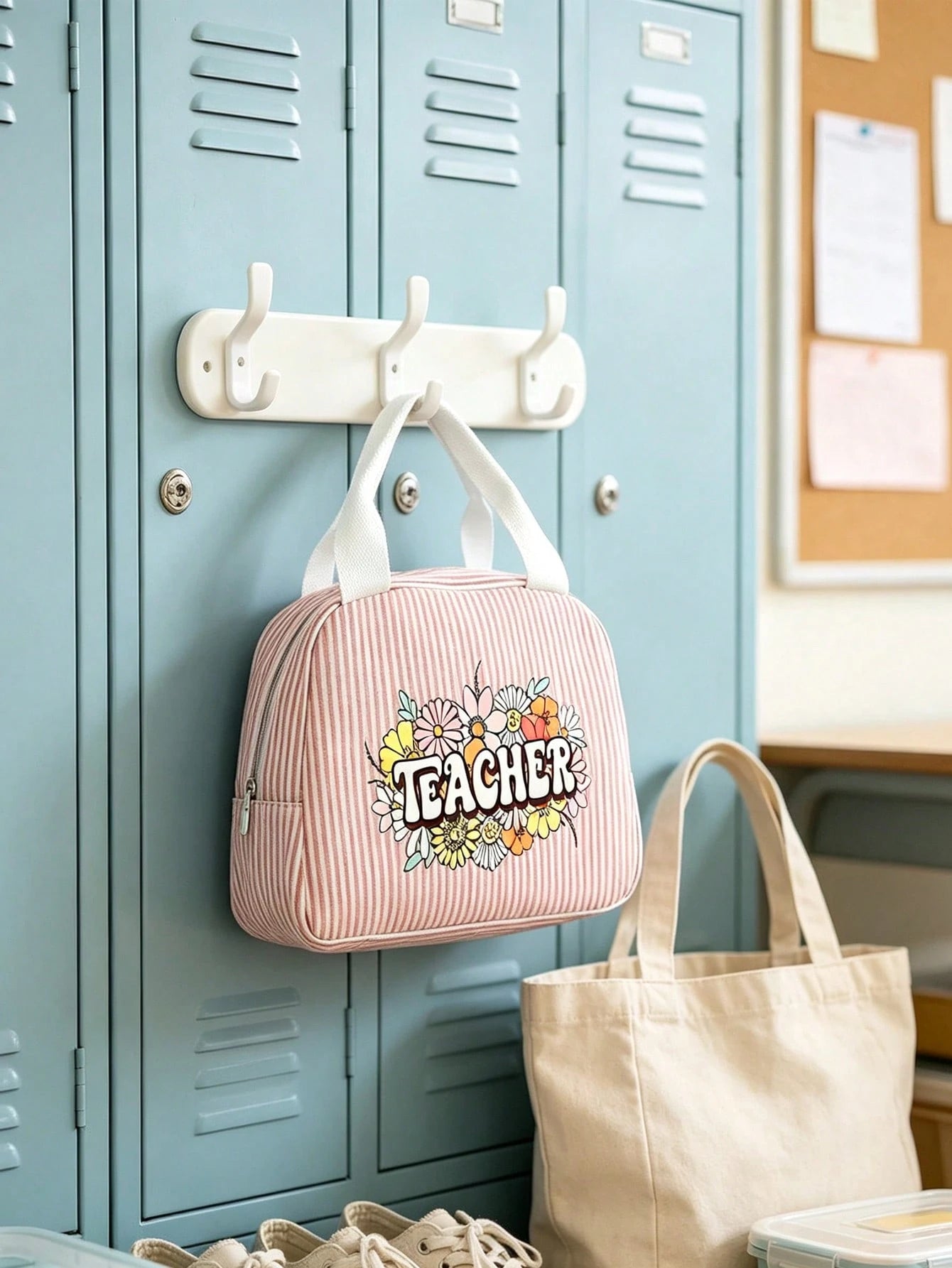Cute Daisy Teacher Lunch Box Bag, Striped Portable Lunch Bag, Reusable Insulated Lunch Box, Large Capacity Insulated & Cool Bag, Includes Black Utensil Storage Bag, Suitable For Work, Travel, Gift Or