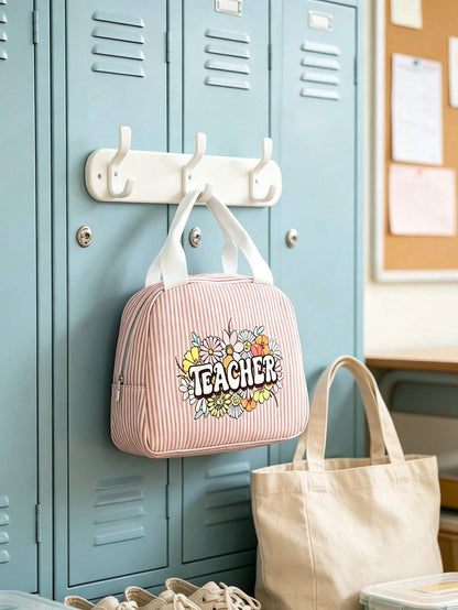 Cute Daisy Teacher Lunch Box Bag, Striped Portable Lunch Bag, Reusable Insulated Lunch Box, Large Capacity Insulated & Cool Bag, Includes Black Utensil Storage Bag, Suitable For Work, Travel, Gift Or