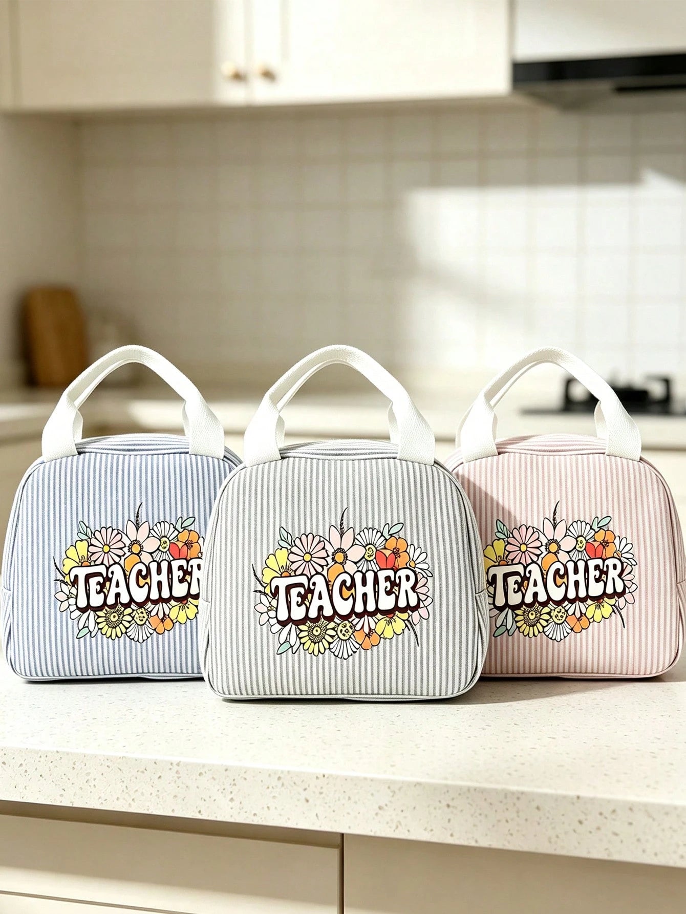 Cute Daisy Teacher Lunch Box Bag, Striped Portable Lunch Bag, Reusable Insulated Lunch Box, Large Capacity Insulated & Cool Bag, Includes Black Utensil Storage Bag, Suitable For Work, Travel, Gift Or