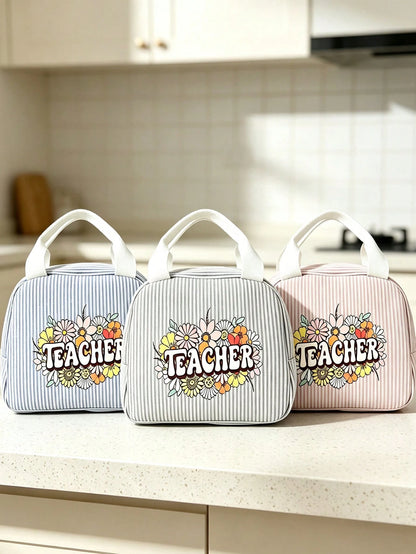 Cute Daisy Teacher Lunch Box Bag, Striped Portable Lunch Bag, Reusable Insulated Lunch Box, Large Capacity Insulated & Cool Bag, Includes Black Utensil Storage Bag, Suitable For Work, Travel, Gift Or