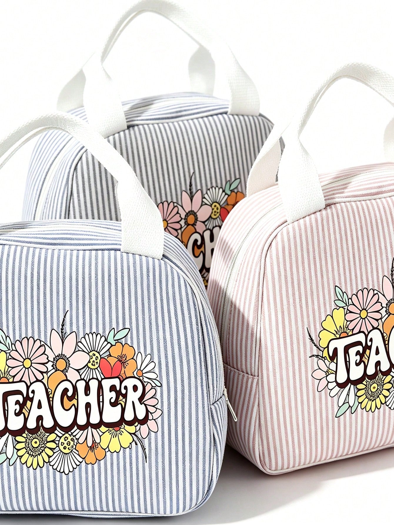 Cute Daisy Teacher Lunch Box Bag, Striped Portable Lunch Bag, Reusable Insulated Lunch Box, Large Capacity Insulated & Cool Bag, Includes Black Utensil Storage Bag, Suitable For Work, Travel, Gift Or