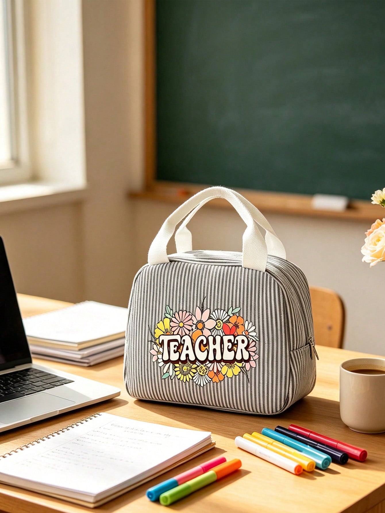 Cute Daisy Teacher Lunch Box Bag, Striped Portable Lunch Bag, Reusable Insulated Lunch Box, Large Capacity Insulated & Cool Bag, Includes Black Utensil Storage Bag, Suitable For Work, Travel, Gift Or