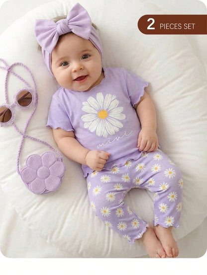 Cute Newborn Baby Girl Purple Summer Outfit, Daisy Floral Print T-Shirts And Shorts 2Pcs Matching Set, Lavender Lilac Clothes For Family Matching