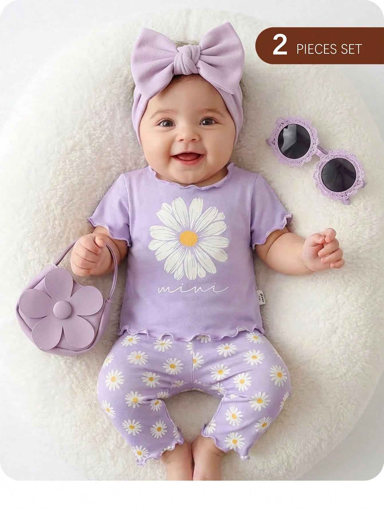 Cute Newborn Baby Girl Purple Summer Outfit, Daisy Floral Print T-Shirts And Shorts 2Pcs Matching Set, Lavender Lilac Clothes For Family Matching