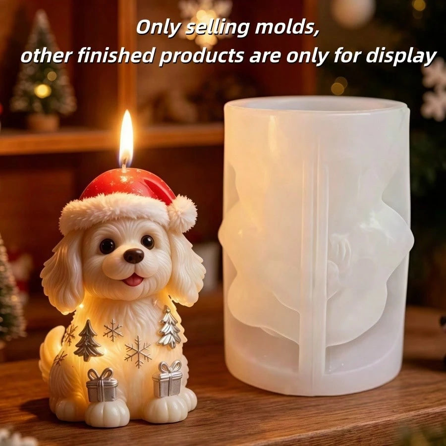 Cute Puppy Wearing Christmas Hat Aromatherapy Candle Silicone Mold Lovely Christmas Dog Candle Mold Puppy Decorated With Full Christmas Themed Elements Resin Gypsum Mold Cement Concrete Mold Home Deco