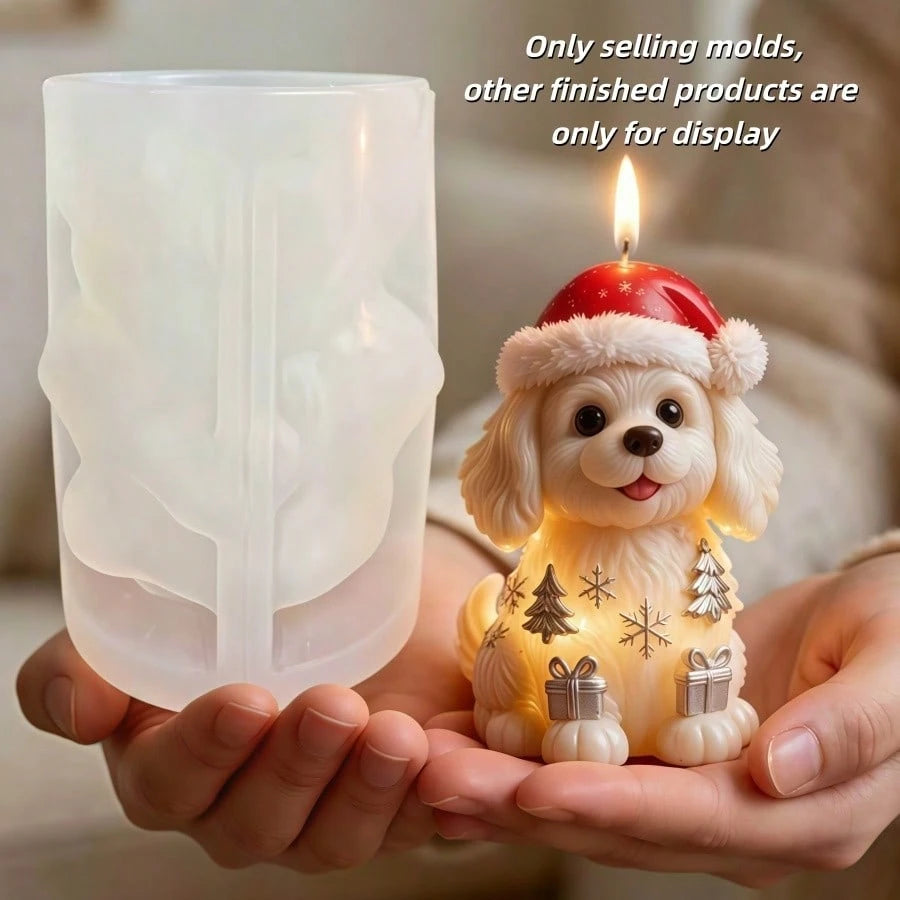 Cute Puppy Wearing Christmas Hat Aromatherapy Candle Silicone Mold Lovely Christmas Dog Candle Mold Puppy Decorated With Full Christmas Themed Elements Resin Gypsum Mold Cement Concrete Mold Home Deco