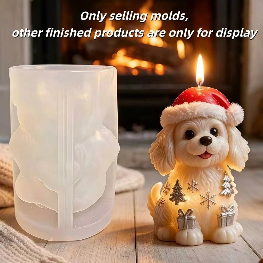 Cute Puppy Wearing Christmas Hat Aromatherapy Candle Silicone Mold Lovely Christmas Dog Candle Mold Puppy Decorated With Full Christmas Themed Elements Resin Gypsum Mold Cement Concrete Mold Home Deco