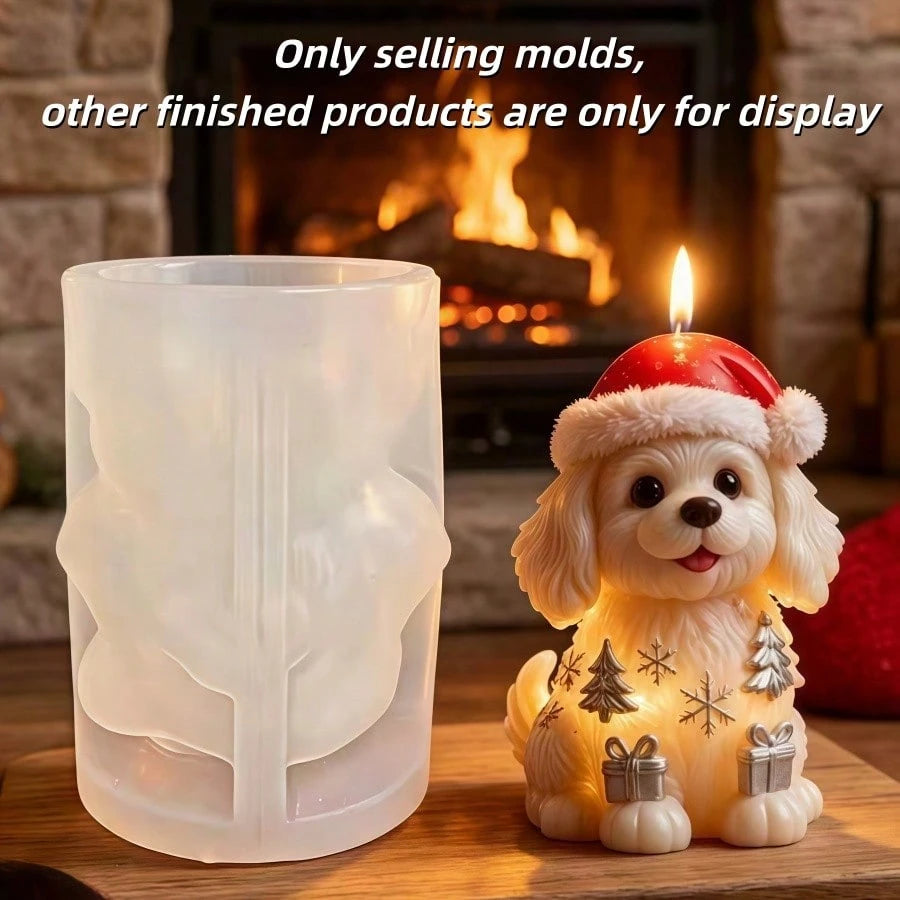 Cute Puppy Wearing Christmas Hat Aromatherapy Candle Silicone Mold Lovely Christmas Dog Candle Mold Puppy Decorated With Full Christmas Themed Elements Resin Gypsum Mold Cement Concrete Mold Home Deco