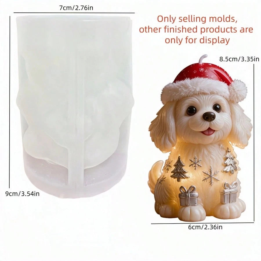 Cute Puppy Wearing Christmas Hat Aromatherapy Candle Silicone Mold Lovely Christmas Dog Candle Mold Puppy Decorated With Full Christmas Themed Elements Resin Gypsum Mold Cement Concrete Mold Home Deco