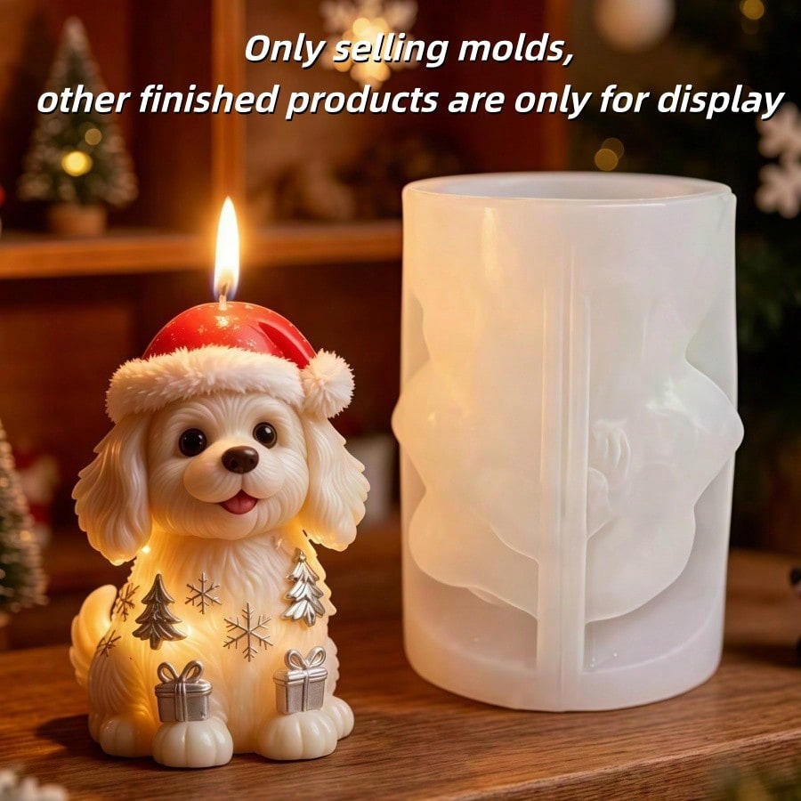 Cute Puppy Wearing Christmas Hat Aromatherapy Candle Silicone Mold Lovely Christmas Dog Candle Mold Puppy Decorated With Full Christmas Themed Elements Resin Gypsum Mold Cement Concrete Mold Home Deco