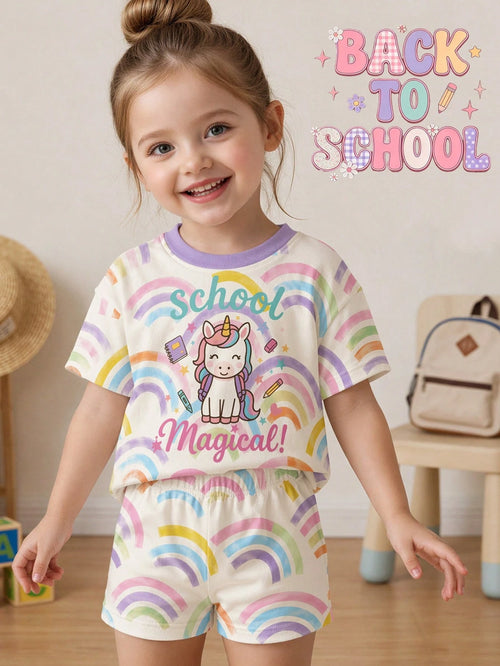 Cute Rainbow Unicorn Pattern, Baby Girl Casual Comfortable Crew Neck T-Shirt & Shorts 2-Piece Set, Suitable For Spring/Summer Daily, Back To School, Campus, Chill Chill