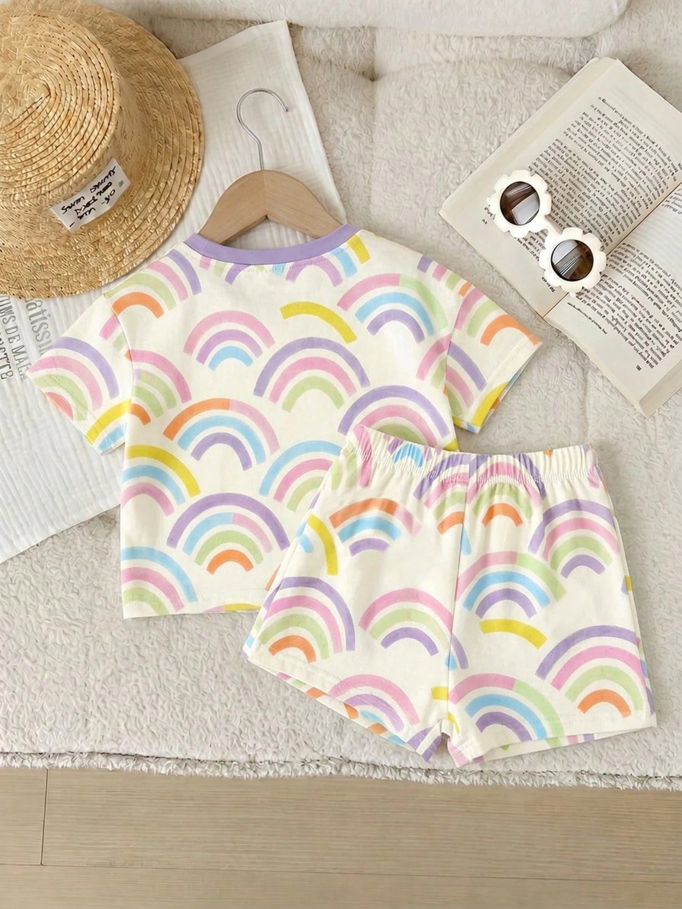Cute Rainbow Unicorn Pattern, Baby Girl Casual Comfortable Crew Neck T-Shirt & Shorts 2-Piece Set, Suitable For Spring/Summer Daily, Back To School, Campus, Chill Chill