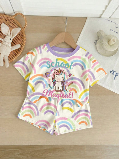Cute Rainbow Unicorn Pattern, Baby Girl Casual Comfortable Crew Neck T-Shirt & Shorts 2-Piece Set, Suitable For Spring/Summer Daily, Back To School, Campus, Chill Chill