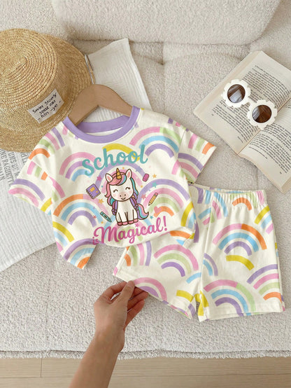 Cute Rainbow Unicorn Pattern, Baby Girl Casual Comfortable Crew Neck T-Shirt & Shorts 2-Piece Set, Suitable For Spring/Summer Daily, Back To School, Campus, Chill Chill