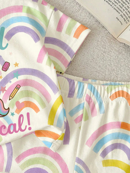 Cute Rainbow Unicorn Pattern, Baby Girl Casual Comfortable Crew Neck T-Shirt & Shorts 2-Piece Set, Suitable For Spring/Summer Daily, Back To School, Campus, Chill Chill