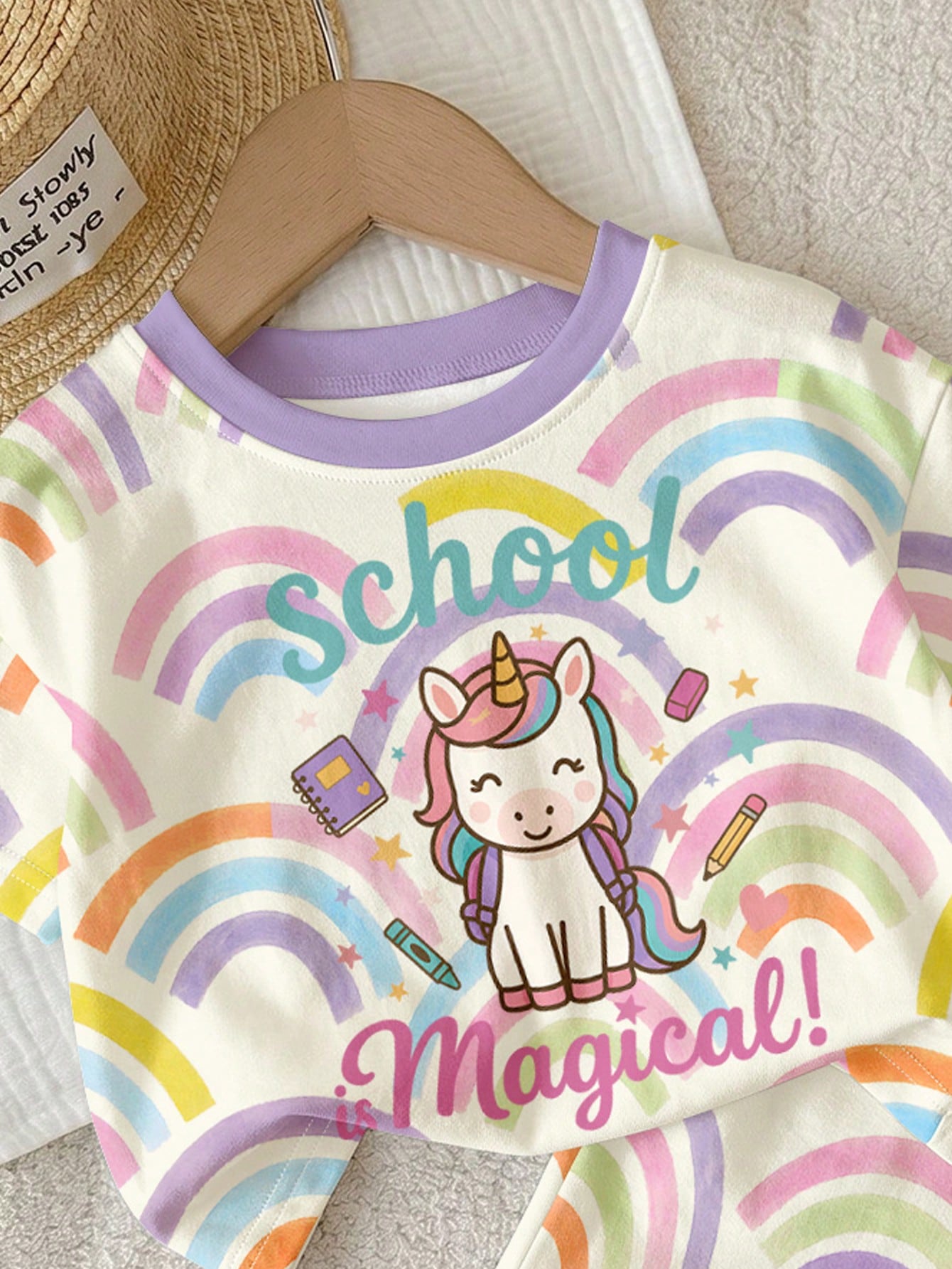 Cute Rainbow Unicorn Pattern, Baby Girl Casual Comfortable Crew Neck T-Shirt & Shorts 2-Piece Set, Suitable For Spring/Summer Daily, Back To School, Campus, Chill Chill