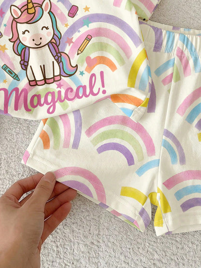 Cute Rainbow Unicorn Pattern, Baby Girl Casual Comfortable Crew Neck T-Shirt & Shorts 2-Piece Set, Suitable For Spring/Summer Daily, Back To School, Campus, Chill Chill