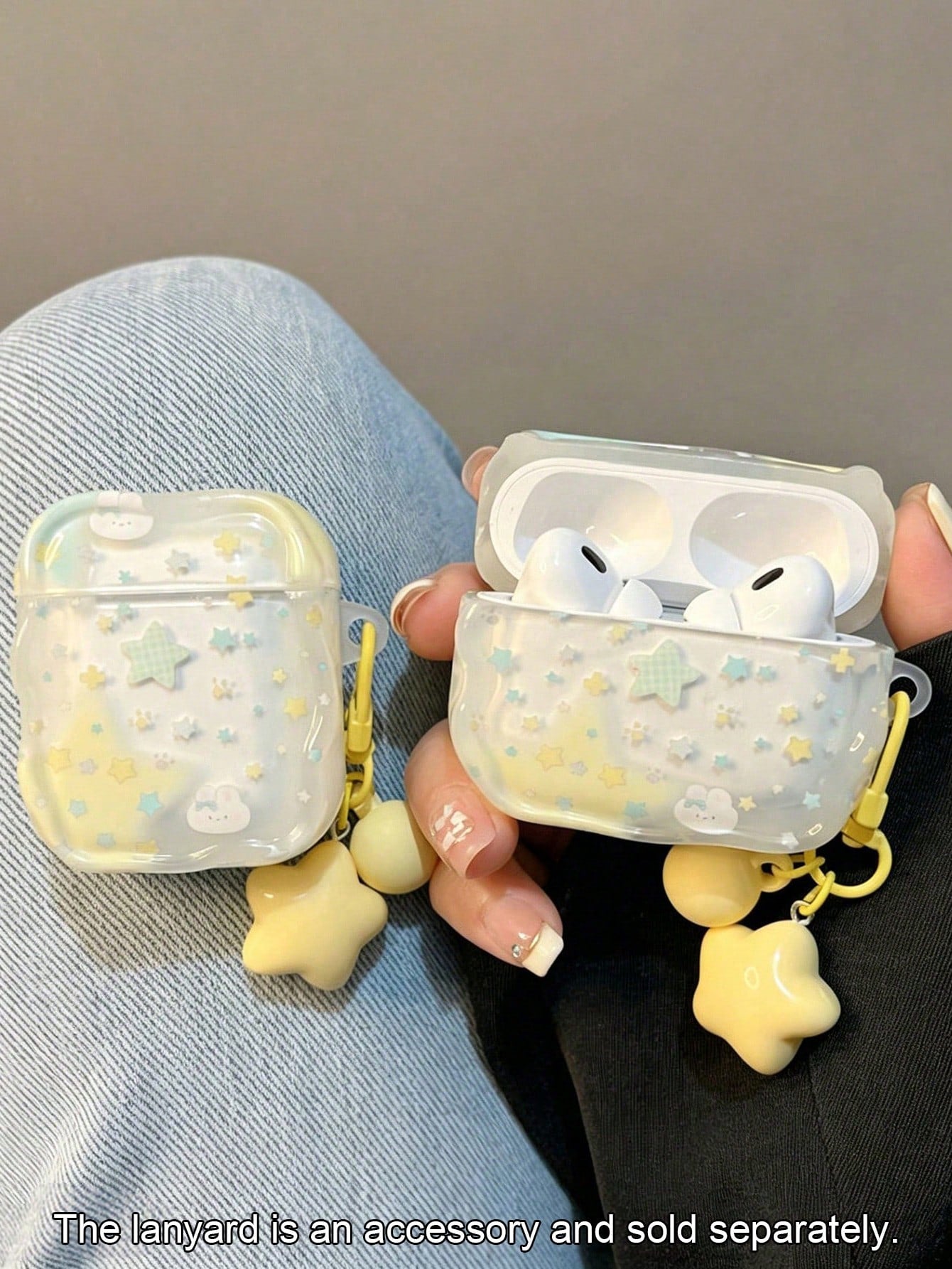 Cute Star Rabbit Pattern Earphone Case, Wavy Edge Clear Soft TPU Protective Cover For AirPods 1/2/3/Pro/Pro2, Sweet Aesthetic Anti‑Drop Headphone Shell