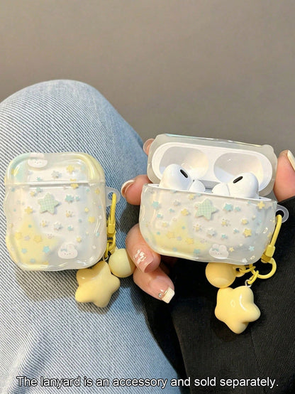 Cute Star Rabbit Pattern Earphone Case, Wavy Edge Clear Soft TPU Protective Cover For AirPods 1/2/3/Pro/Pro2, Sweet Aesthetic Anti‑Drop Headphone Shell