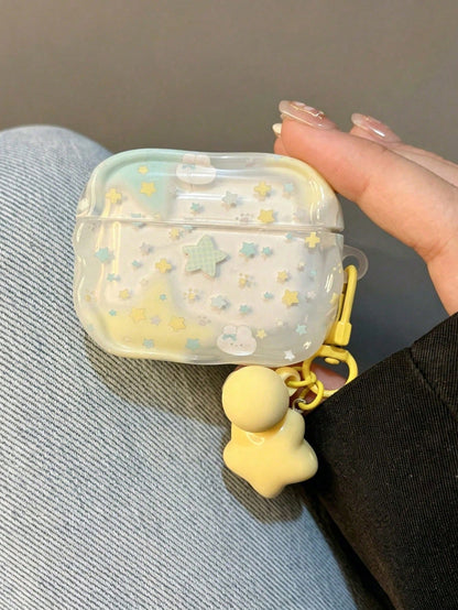 Cute Star Rabbit Pattern Earphone Case, Wavy Edge Clear Soft TPU Protective Cover For AirPods 1/2/3/Pro/Pro2, Sweet Aesthetic Anti‑Drop Headphone Shell