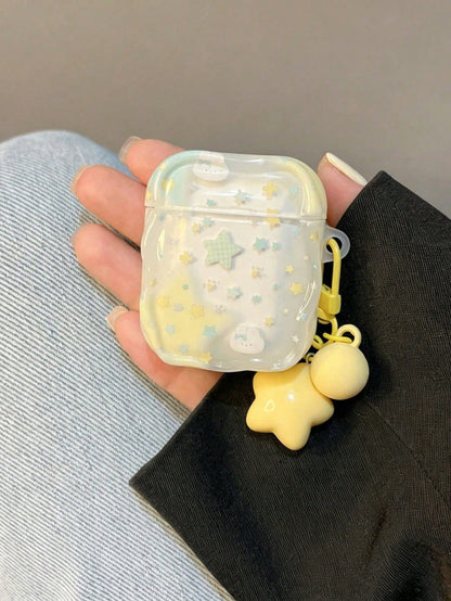 Cute Star Rabbit Pattern Earphone Case, Wavy Edge Clear Soft TPU Protective Cover For AirPods 1/2/3/Pro/Pro2, Sweet Aesthetic Anti‑Drop Headphone Shell