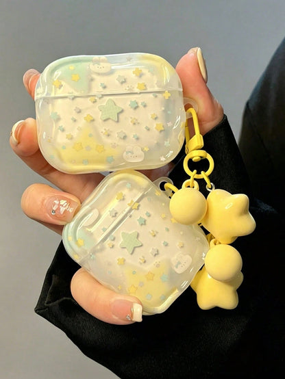 Cute Star Rabbit Pattern Earphone Case, Wavy Edge Clear Soft TPU Protective Cover For AirPods 1/2/3/Pro/Pro2, Sweet Aesthetic Anti‑Drop Headphone Shell