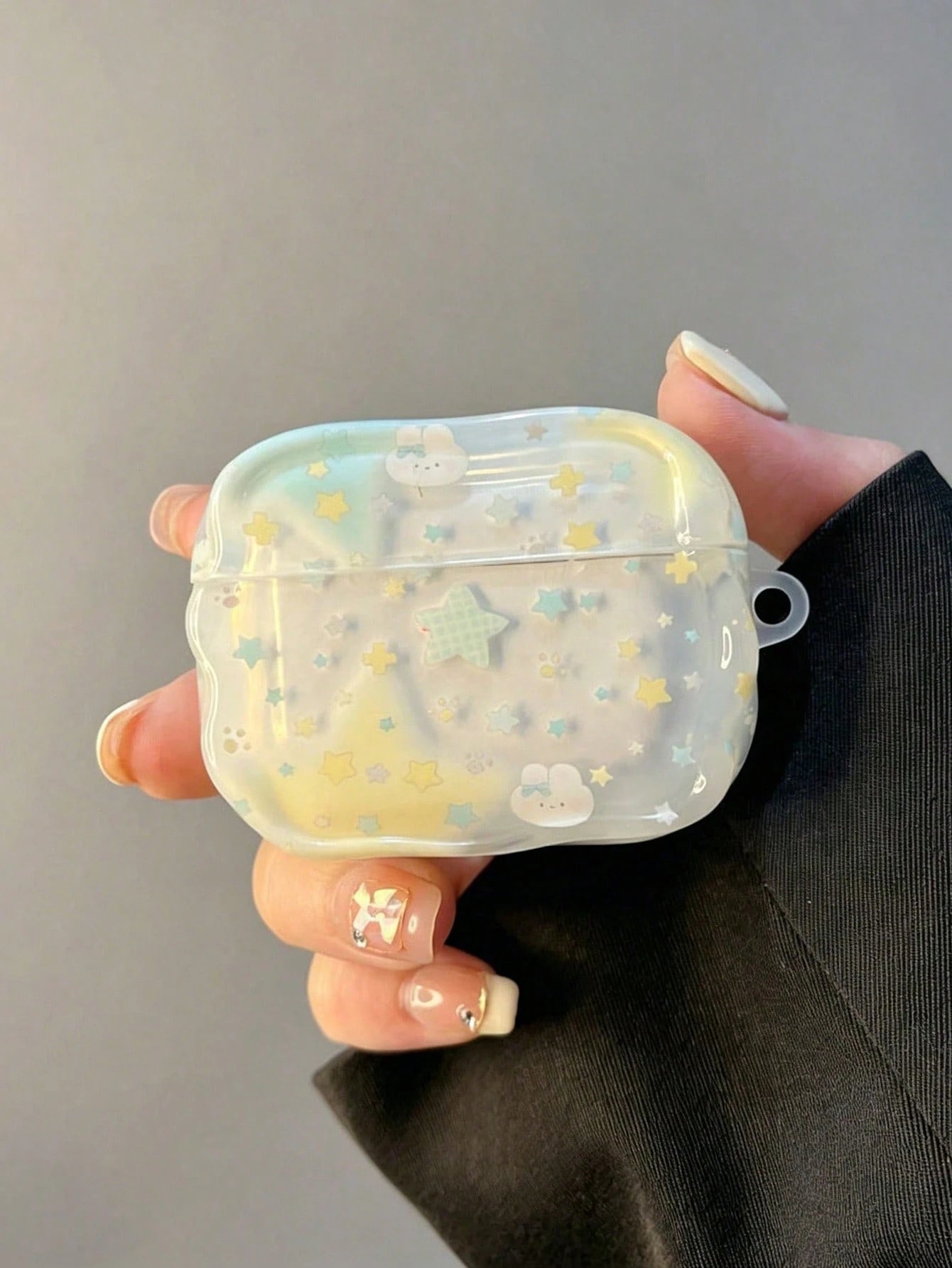 Cute Star Rabbit Pattern Earphone Case, Wavy Edge Clear Soft TPU Protective Cover For AirPods 1/2/3/Pro/Pro2, Sweet Aesthetic Anti‑Drop Headphone Shell