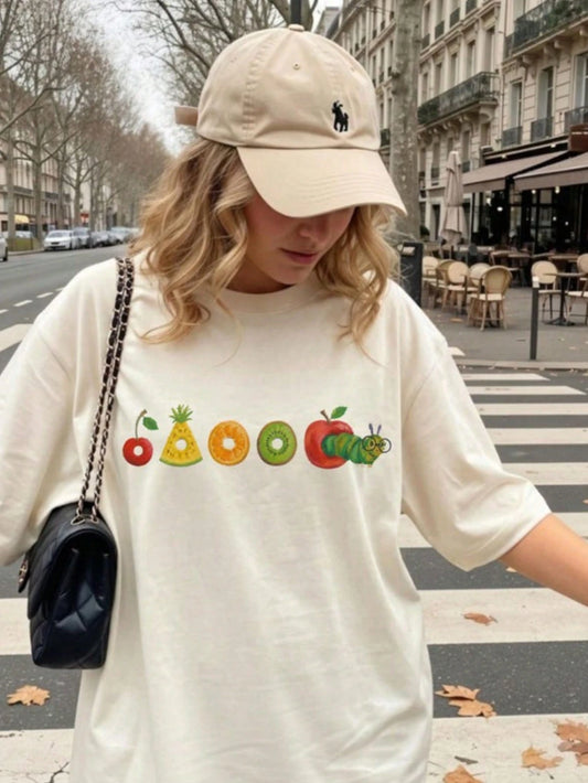 Cute Very Hungry Caterpillar Fruit Print Cotton T Shirt Women Y2k Aesthetic Summer Streetwear Oversized Tee Top
