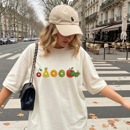 Cute Very Hungry Caterpillar Fruit Print Cotton T Shirt Women Y2k Aesthetic Summer Streetwear Oversized Tee Top
